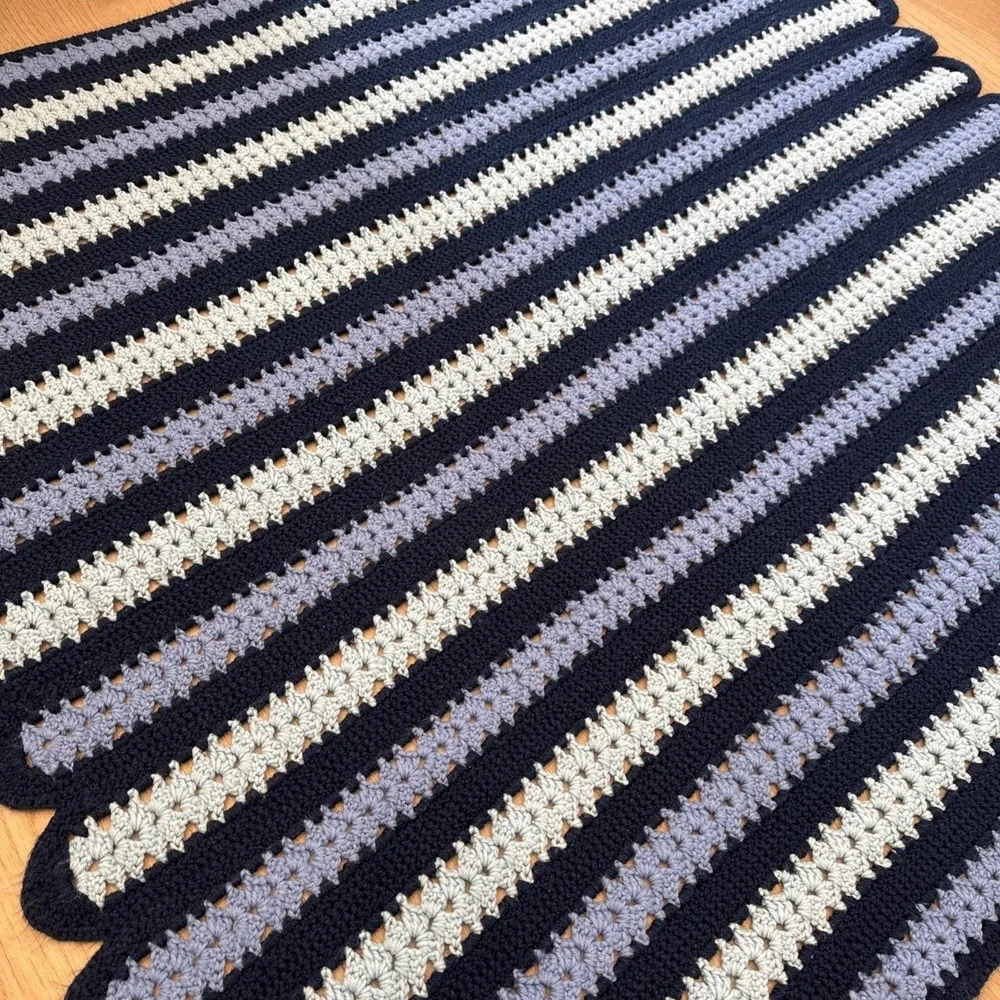 VTG Afghan Grandma Made‎ Crochet Throw Blanket Blues Scalloped Edge Striped